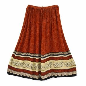 Zoey & Beth Boho Maxi Skirt Sz M Rust Orange Print Drawstring Rayon